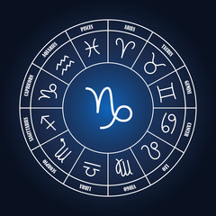 Capricorn astrology sing in zodiac circle on the dark blue background, set of astrology sings