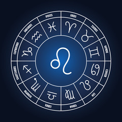 Leo astrology sing in zodiac circle on the dark blue background, set of astrology sings