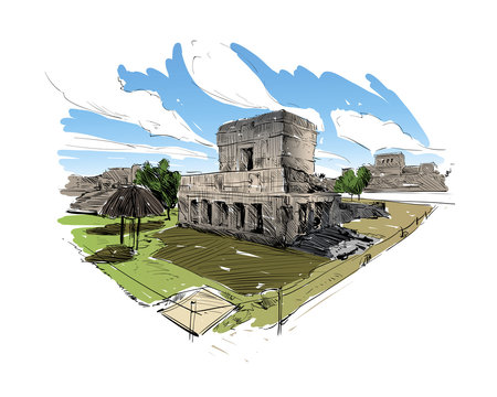 Mexico. Temple of the Frescoes. Hand drawn vector illustration.
