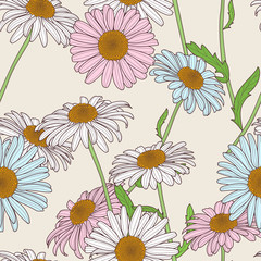 Vector floral seamless pattern. Pastel colors background with hand drawn chamomile flowers. Spring design for fabric, textile print, wrapping paper or web backgrounds.