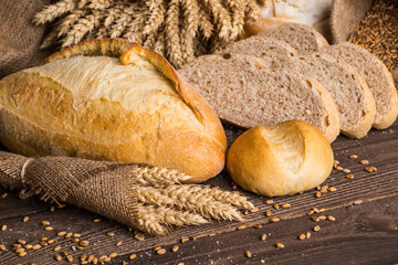 Different bread and bread slices. Food background.