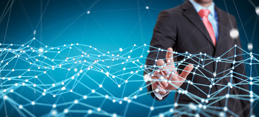 Businessman touching flying network dot 3D rendering