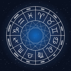 Zodiac circle with astrology sings on the background of starry sky