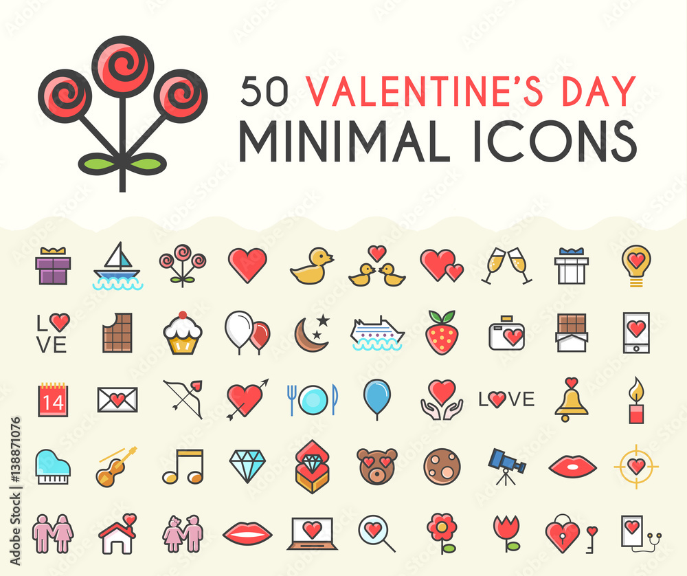 Poster set of 50 minimalistic solid line coloured valentine's day icons . isolated vector elements