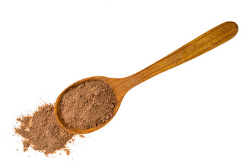 cinnamon powder in wooden spoon isolated on white background,top view