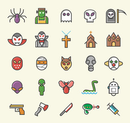 Set of 25 Minimalistic Solid Line Coloured Halloween Icons . Isolated Vector Elements