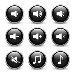 Set of black sound buttons with metal frame and shadow