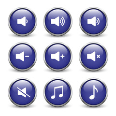 Set of blue sound buttons with metal frame and shadow