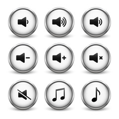 Set of white sound buttons with metal frame and shadow