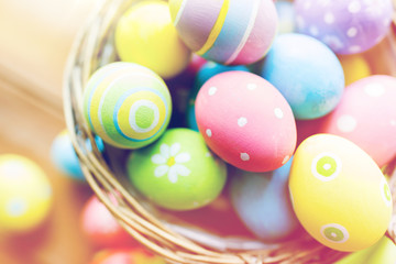 close up of colored easter eggs in basket