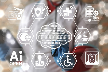 Digital cloud medicine IT integration health care concept. AI OPEN, IoT, BIG DATA, COMPUTING,...