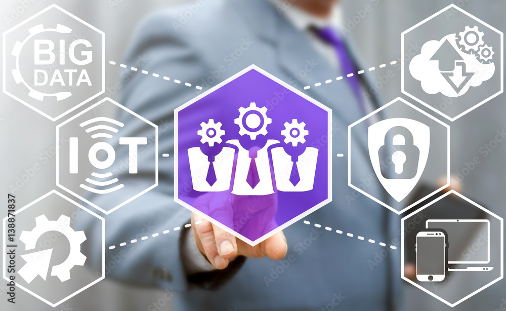 Poster technical development teamwork business concept. man touched team businessman gear head icon on virt