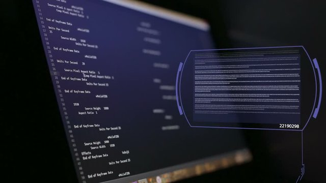 Computer code program running in a virtual space, hacking. Animation, digital display