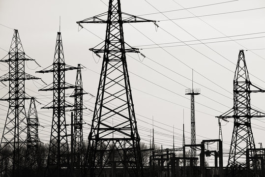high-voltage towers and substation