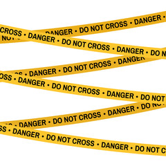 Crime scene yellow tape, police line Do Not Cross Danger tape. Cartoon flat-style. Vector illustration. White background.