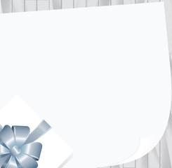 Wooden Plank Background with White sheet of paper and  Square Gift Box with Blue  Bow.  Has place for your text. Vector image.