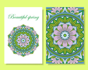Spring card. Beautiful background with round floral ornament. Vector art