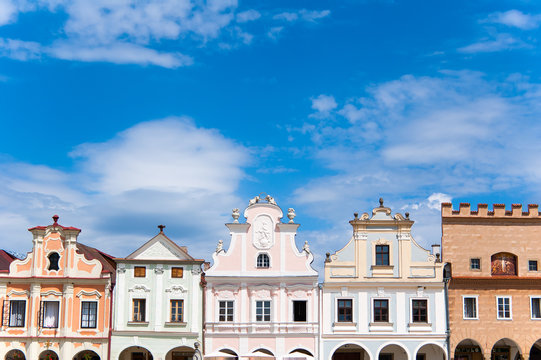 Row of old houses in the historic town of Telc, Czech republic.