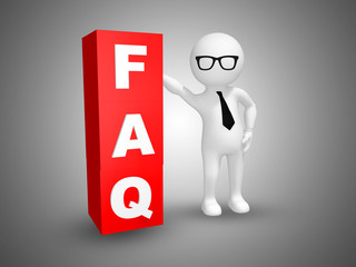 3D render of a man and Frequently Asked Questions FAQ cubes. 
