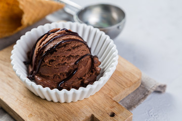 Chocolate ice cream in white bowl