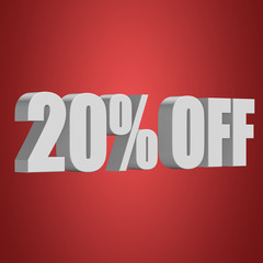 20 percent off letters on red background. 3d render isolated.