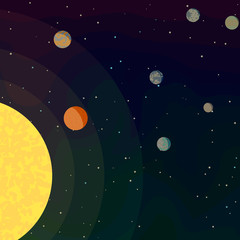 Obraz na płótnie Canvas New planets found in another solar system in space. Several different planets revolve around sun. Life in galaxy. Cartoon vector illustration in flat style.