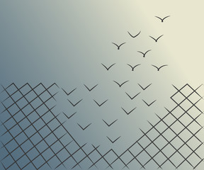 Minimalist vector illustration of a wire mesh fence transforming into birds flying away. Freedom, courage and success concept. - obrazy, fototapety, plakaty