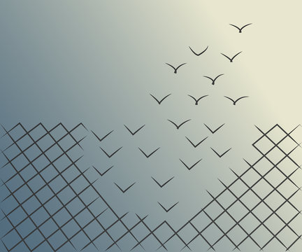 Minimalist vector illustration of a wire mesh fence transforming into birds flying away. Freedom, courage and success concept.