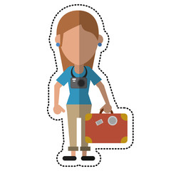 cartoon tourist girl travel map and suitcase vector illustration