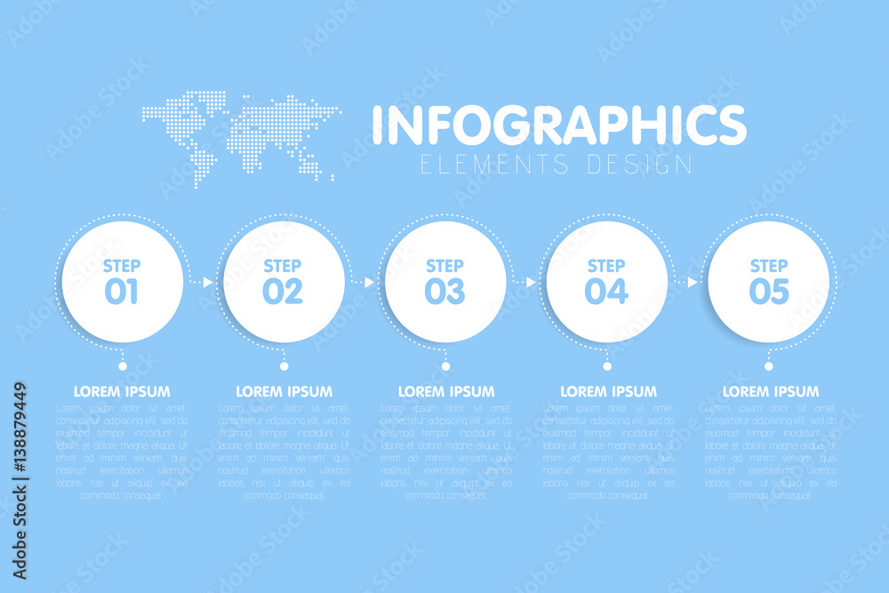 Poster business infographics template. timeline with 5 circle arrow steps, five number options. world map i