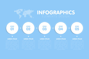 Business infographics template. Timeline with 5 circle arrow steps, five number options. World Map in background. Vector element