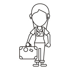 tourist girl travel map and suitcase thin line vector illustration