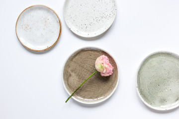 ceramic tableware top view on white background mock up
