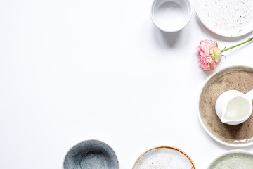 ceramic tableware top view on white background mock up