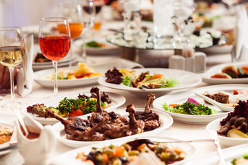 Wedding banquet in a restaurant with food and drinks