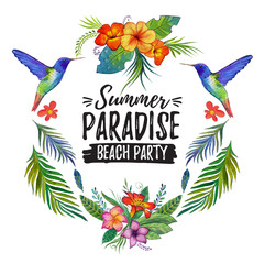 Naklejka premium Watercolor summer frame for banner, poster, sale With tropical birds, flowers Tropical island Tropical summer paradise
