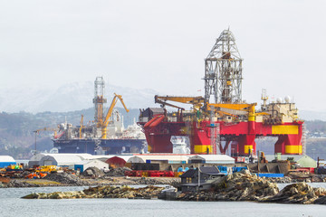 Oil platforms under maintenance near Bergen, Norway.