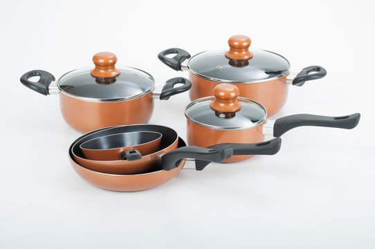 Set of cooking pots on white background