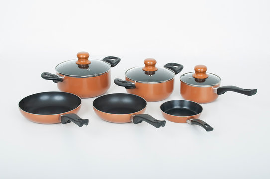 Set of cooking pots on white background