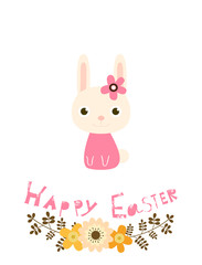 Cute vector Happy Easter greeting card with flowers, bunny and text