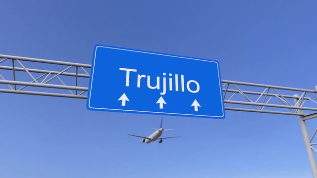 Commercial airplane arriving to Trujillo airport. Travelling to Peru conceptual 4K animation