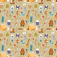 Camping stickers in hand drawn style vector seamless pattern