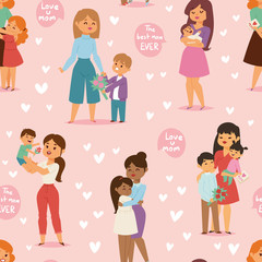 Mother and children with flower bouquet mothers and womans day vector seamless pattern
