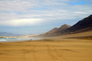 Beach Cofete and a couple walking along it on Fuerteventura, Spain.