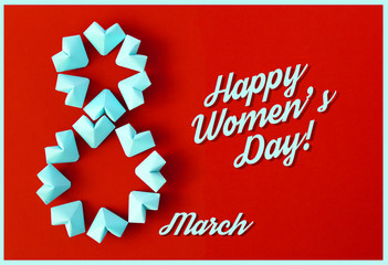 Happy International Women’s Day celebrate on March 8 CARD. rose-color paper hearts shape figure eight 8 on color background 