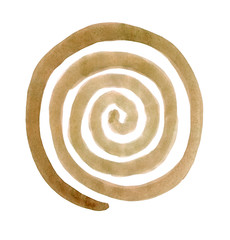 Spiral in a circle drawn by the brush painted peanut brown paint. Radial rotation snail. Circular coil ornament.