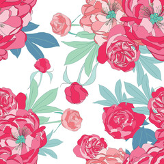Pink vector peony flower seamless pattern