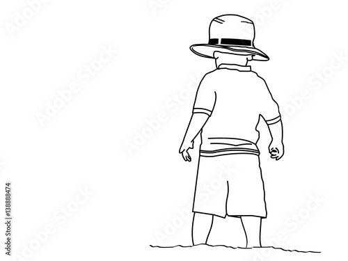 a line drawing of a small boy standing on the beach wearing his
