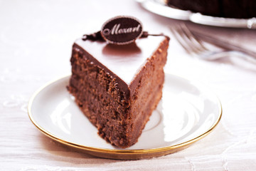 Delicious chocolate cake on plate