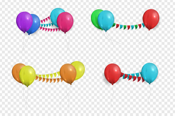 Vector collection of realistic balloons and flags for celebration and decoration on the transparent background.